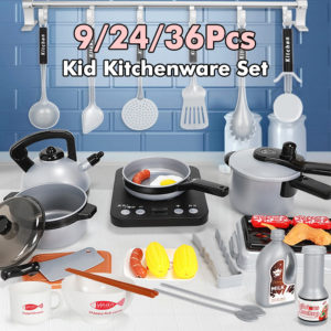 9/24/36Pcs Kitchen Pretend Play Accessories Toys with Cookware Pots and Pans Set Cooking Utensils and Grocery Play Food for Kids Boys Toddler Tableware