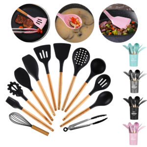 9/11/12PCS Silicone Cooking Utensils Set Non-stick Spatula Shovel Wooden Handle Cooking Tools Set With Storage Box Kitchen Tools