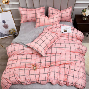 4PCS Washed Cotton Bedding Sets with Reactive Printed Plaid Striped Comforter Bedspread for Home