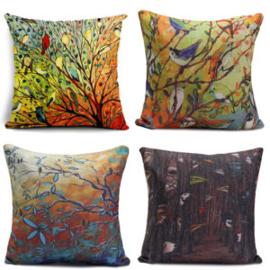 Cotton Linen Oil Painting Birds Flower Throw Pillow Cases Home Sofa Cushion Cover