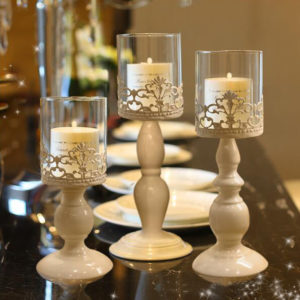 White Carving Flower Candlestick Candle Holder with Glass Lampshade Candelabra Home Wedding Party Decor