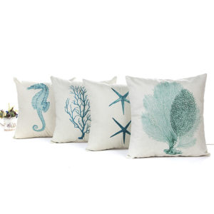 Blue Sea House Starfish Cotton Linen Cushion Cover Square Soft Decorative Pillow Case