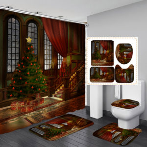 3D Bathroom Sets Christmas Trees Fireplace Shower Curtain Bath Mats Toilet Rugs Anti-Slip Carpet Festival Decor
