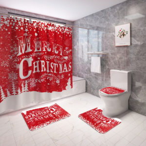 Merry Christmas Waterproof Bathroom Shower Curtain Mould Proof Toilet Cover Mat Non Slip Rug Set Home Decor