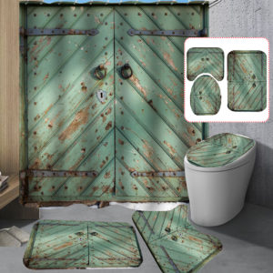 Green Vintage Door Bathroom Shower Curtain Non-slip Mat Set Waterproof Anti-rust Bath Mat Set