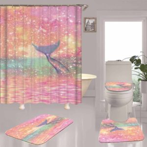 Mermaid Tail Print Bathroom Shower Curtain Toilet Lid Cover Bath Mat Set