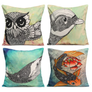 Owl Bird Fish Cotton Velvet Throw Pillow Case Back Waist Cushion Cover Home Sofa Decor