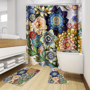Bohemian Pattern Shower Curtain 3-in-1 Mat Kit Waterproof Bathroom Mat Set
